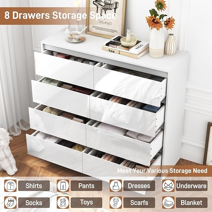 White Malm High Gloss Dresser for Bedroom, 47" Wide 41" Tall Dresser with 8 Drawers, Modern Large Wood Chest of Drawer Handle Free, Living Room, Entryway, Hallway, White