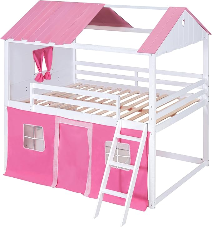 Twin Over Twin Pink Princess Castle Bunk Bed with Tent,Ladders and Guardrail, Solid Wood Playhouse House Floor Bunk Bed with Windows and Roof