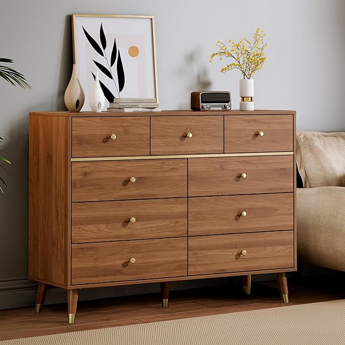 9 Drawers Dresser for Bedroom,35.4" Tall Wood Rustic Modern Chest of Drawers with Natural Texture,with Anti-Tipping Device, Storage Dressers Organizer for Bedroom, Living Room,Chestnut