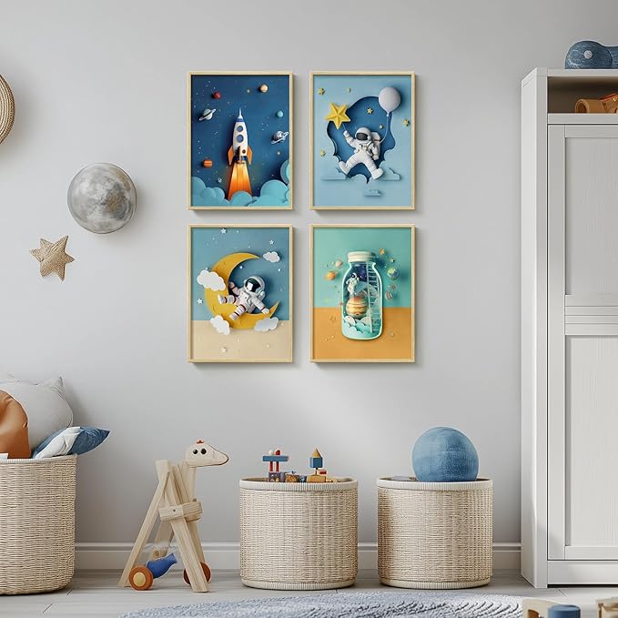 Framed Space Astronaut Wall Art for Boys Room, 4 Piece Cool Space Themed Canvas Wall Art Prints for Nursery, Rocket Artwork for Kids Room, Bedroom, Baby Room, Playroom, 12x16 Inch