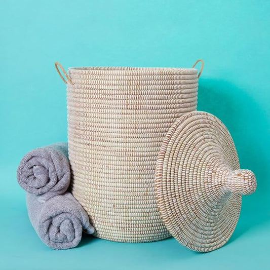 Wicker Basket, Storage & Organization, Home Decor, Laundry Hamper Bedroom, Baby Nursery Toys Bin, Blankets Storage Living Room, Bathroom Towels Holder, Woven, Round, Lid, Handles, White, Medium