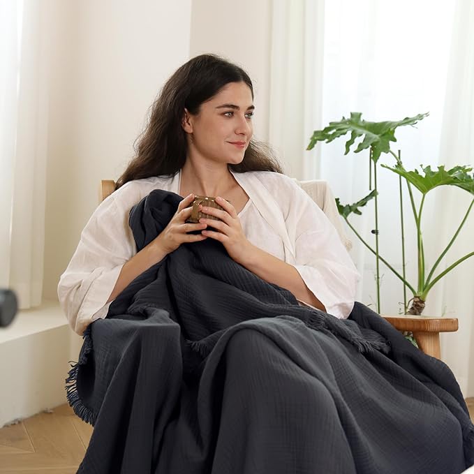MooMee Muslin Blanket - 100% Cotton 4-Layer Gauze Throw Blanket with Tassels Ultra-Soft Breathable Lightweight Cooling for Bed Couch (Dark Grey,Oversized Queen 98" x 98")