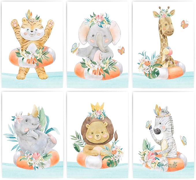 Safari Animal Nursery Decor Prints - Set of 6 Watercolor Sea - Gift Jungle Designs Baby Room 8X10 Unframed
