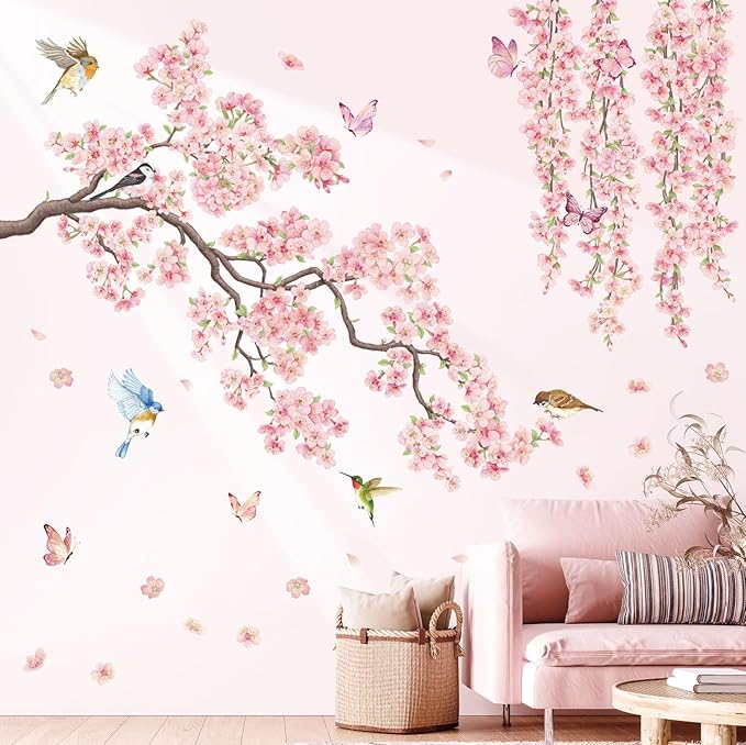 DECOWALL SG3-2320 Cherry Blossom Flower Wall Stickers Decals Branches Birds Butterflies Art Bedroom Floral Flower Girls Home Kids Living Nursery Pink Room Tree Nursery décor Baby