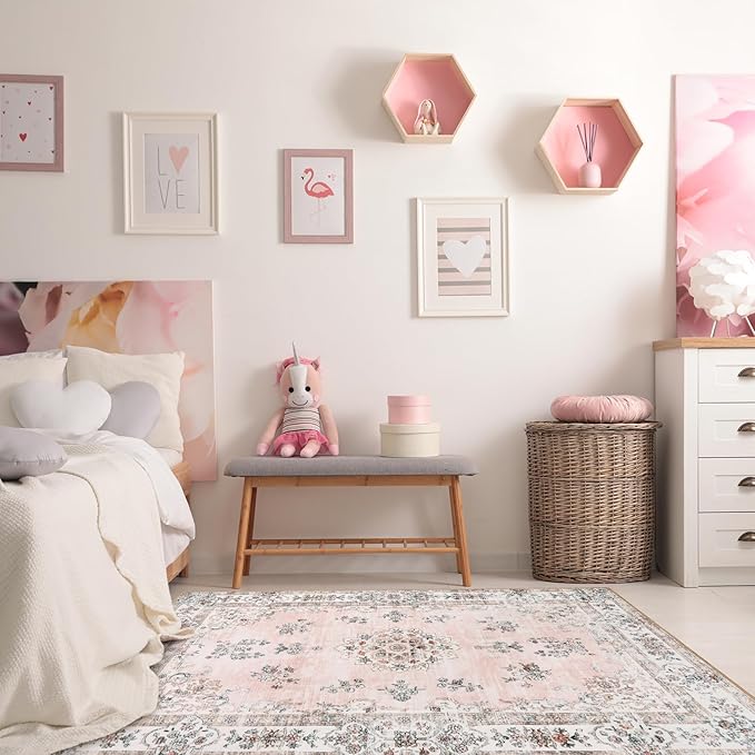 Lahome Washable 8x10 Living Room Rug, Soft Pink Floral Area Rugs for Girl Bedroom Dinning Room Office, Non-Slip Stain Resistant Lightweight Foldable Carpet for Fall Winter Home Decor