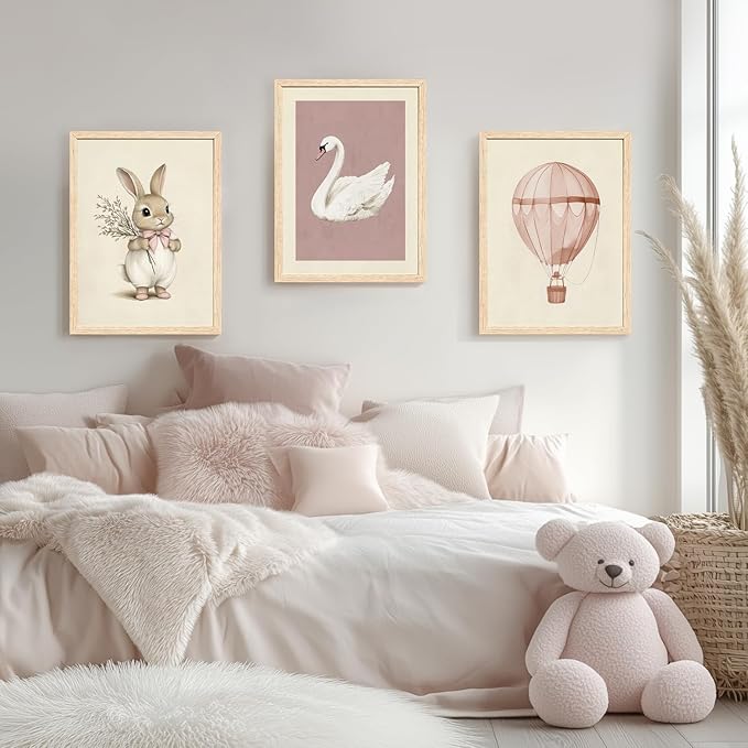 Hianan Pink Baby Girl Nursery Wall Decor Cute Bunny Wall Art Cozy Rabbit Canvas Artwork Elegant Swan Poster Prints Vintage Hot Air Balloon Painting Prints for Kid's Room Baby Room Wood Framed 16"x24"x3