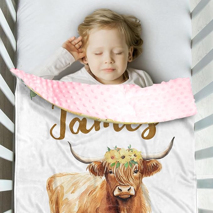 Personalized Baby Blankets for Girls, Custom Name Yellow Flower Highland Cow Theme Baby Blanket, Soft Receiving Blanket for Newborns and Toddlers, Ideal for Baby Showers and Nursery Decor