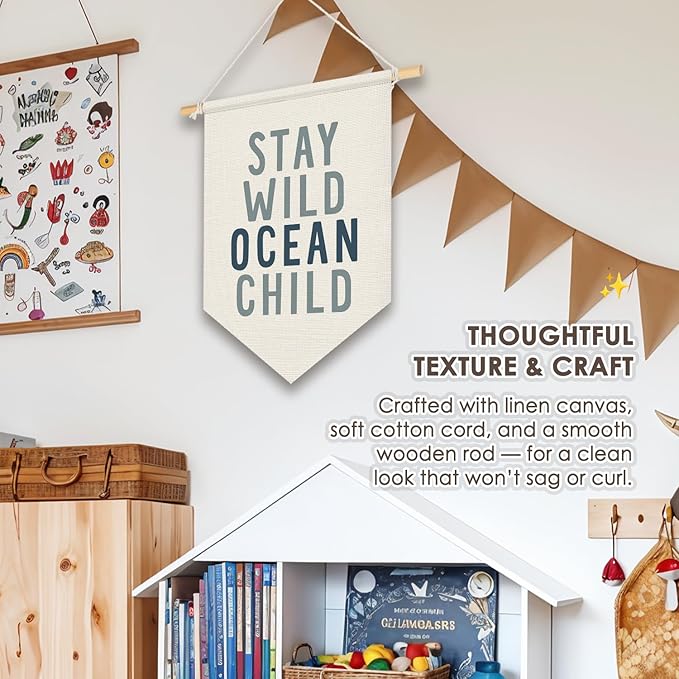 Wheatwin Ocean Nursery Decor, Stay Wild Ocean Child Wall Hanging Pennant Flag Banner, Coastal Beach Wall Decor for Kids Boys Girls Toddler Nursery Room Bedroom Playroom 15x11 Inch