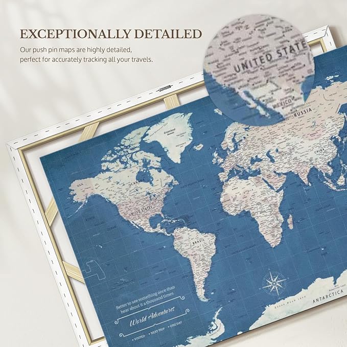 ElephantStock - World Adventures Push Pin Travel Map I Wall Art - Horizontal Canvas Wall Art - Living Room Wall Decor - Printmaking Map Canvas Art - Blue And Beige Decor - 24" x 16"