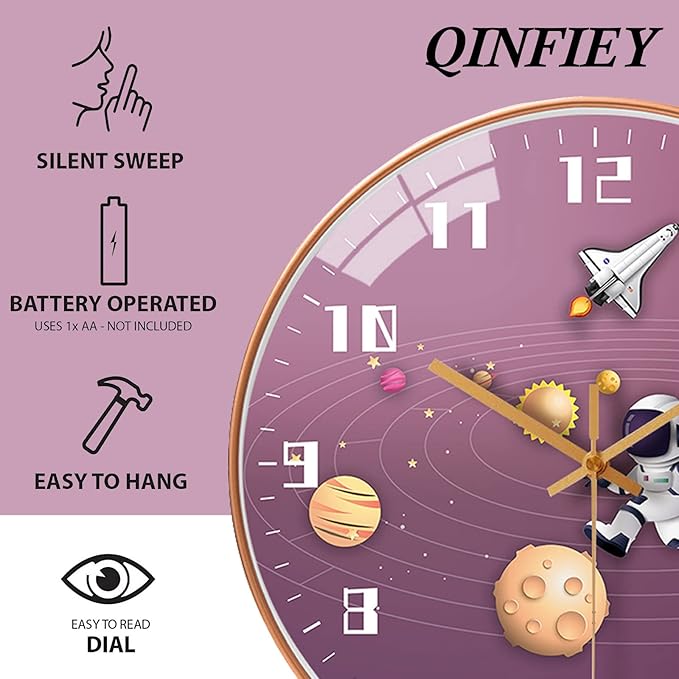 12 Inch Silent Movement Kids Wall Clock, Non Ticking Children Round Wall Clock Battery Operated Space Travel Style Decor Children Clock for Home School Girls Bedroom Living Room (Pink)