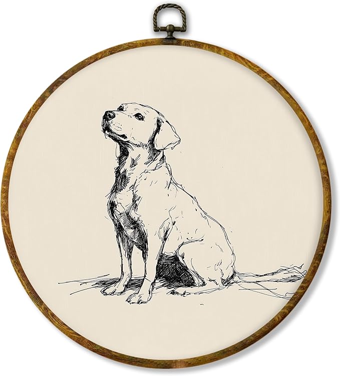 Hiuwevt Vintage Labrador Retriever Dog Round Wall Art Decor, Labrador Retriever Gifts Framed Canvas Prints, Retro Dog Round Wall Hanging Decor for Home Living Room Decorations, 10x10 Inches