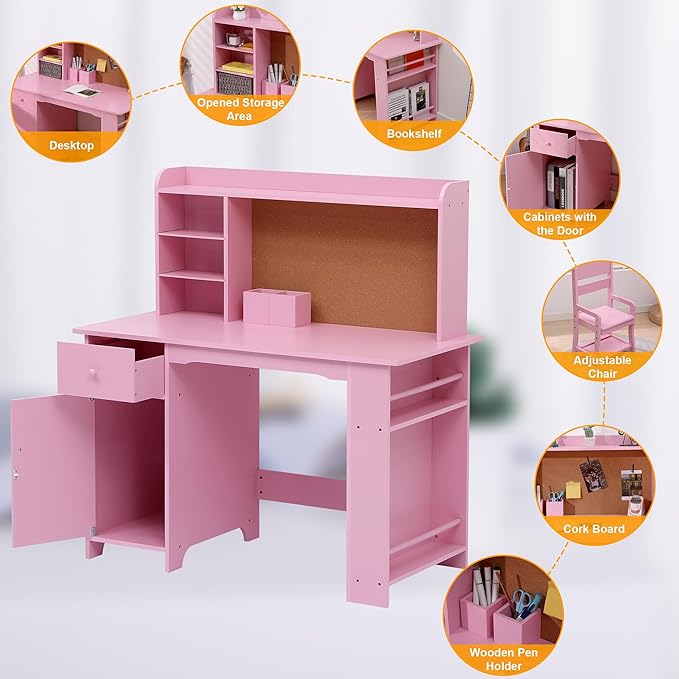 GarveeHome Kids Desk and Chair Set, Wooden Study Table with Storage Shelf, Bulletin Board, Children School Learning Desk Set, Writing Table for Boys and Girls, Pink