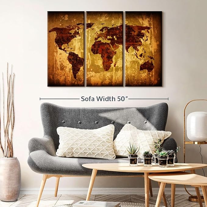 ElephantStock Vintage World Map Wall Art Multi Piece Canvas - 3 Piece Canvas World Map Wall Decor - Wall Decor - Ready-to-Hang Print - Vintage Wall Art - 45" X 28"