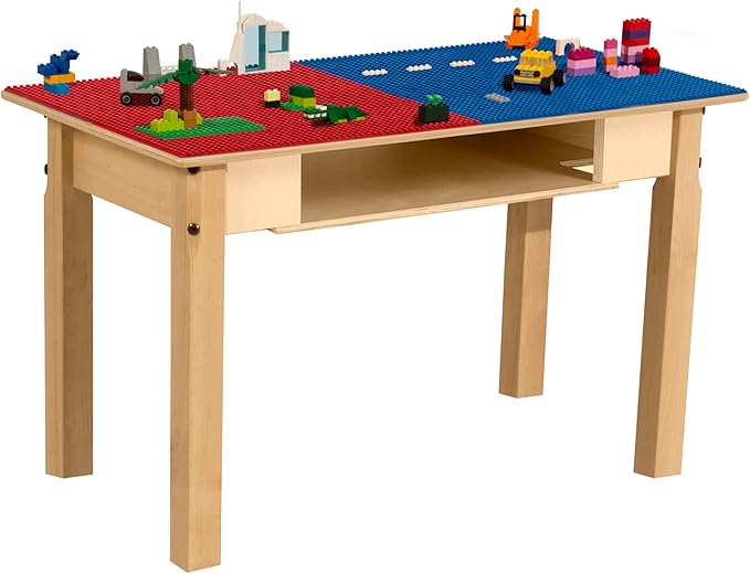 Time-2-Play 30.75" W Rectangular Red & Blue Montessori Lego Compatible Blocks Table with 18" Long Legs, Birch Plywood Activity Play Table for Kids Playroom, Natural Finish