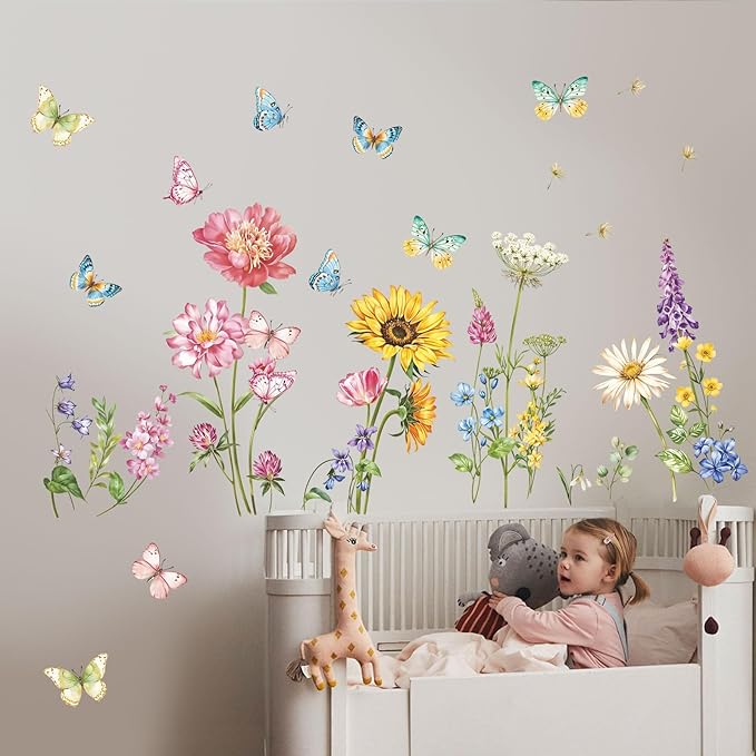 Butterfly & Flower Wall Decals Removable Peel and Stick Flower Wall Stickers for Girls Room, Bedroom, Living Room Nursery Decor