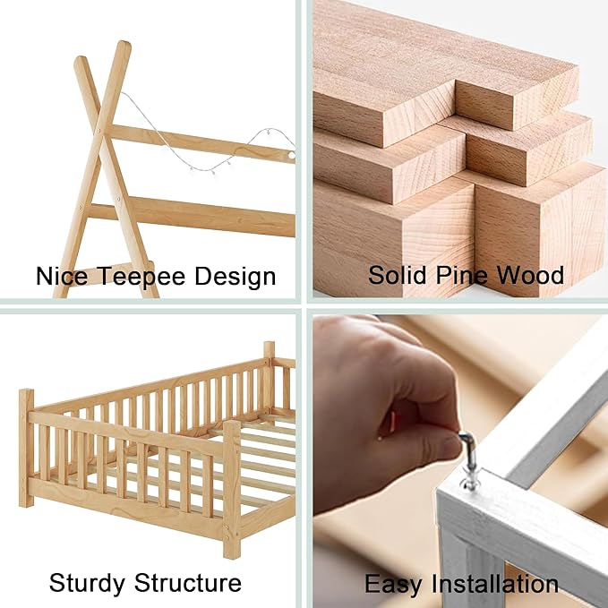 Twin House Bed with Light,Wood Twin Montessori FloorBed with Rails & Roof,Teepee Bed for Kids Boys Girls,with Slats Support,No Box Spring Needed, Natural
