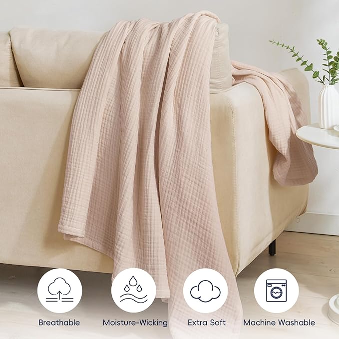 PHF 100% Cotton Muslin Blanket Twin XL Size 66"x90", 4-Layer Lightweight Gauze Throw, Breathable Cloud-Soft Minimalist Blanket for Bed, Couch, Camping & Baby, Dusty Pink, Ideal Gift