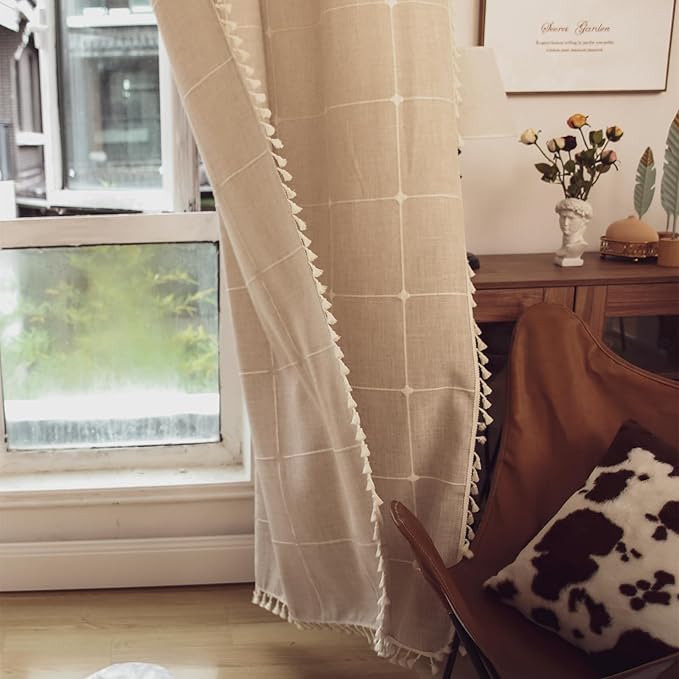 Deeprove Boho Curtains 63 Inches Length for Kitchen, Bohemian Lattice Gingham Chic Textured Embroidery Plaids, Vintage Tassels Country Decor Drapery, Rod Pocket, 1 Panel W52 x L63, Natural Linen