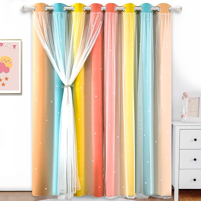 Kinryb Nursery/Kids/Girls Room Star Cut Out Blackout Rainbow Curtain with Sheer Overlay 2 Panels, Each 52 inch Wide,84 inch Length with White Gauze,Ombre Stripe Rainbow Curtains (2 Panels,52x84 Inch)