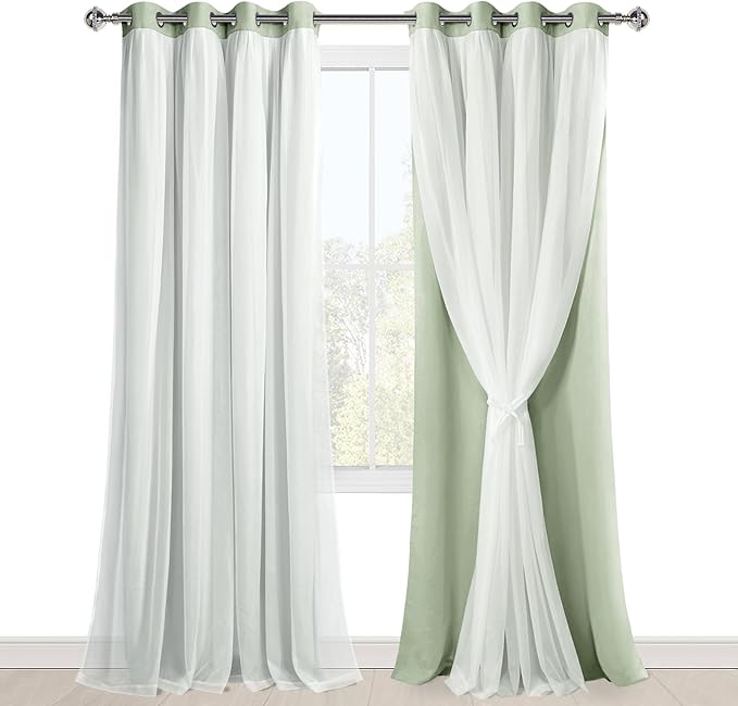Hiasan Mix & Match Blackout Curtains with Sheer Overlay, Double Layer Thermal Insulated Privacy Grommet Window Curtains for Girls Bedroom, Living Room, 2 Drape Panels with Tiebacks, Seafoam, 52W X 96L