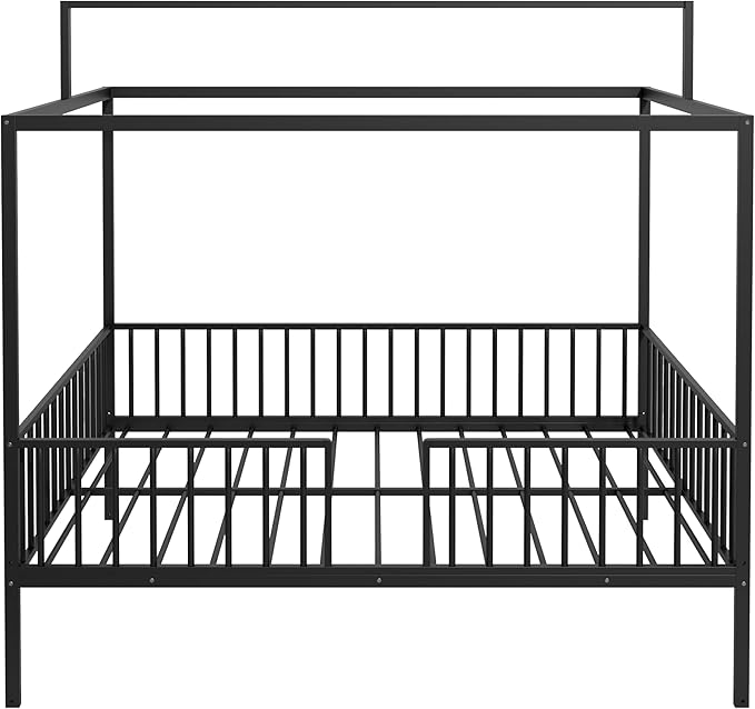 Merax Full Size Convertible Montessori Floor Bed, Metal House Bed Framefor Kids, Floor Beds with Fence for Kids,Black
