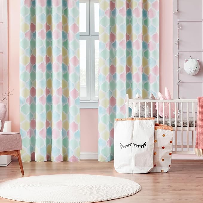Kids Full Blackout Curtains 63 Inches Long for Juvenile Bedroom Multi-Color Moroccan Geo Window Curtain Panels Thermal Insulated Room Darkening Grommet Top Drapes, 52x63, Pink 2 Panels