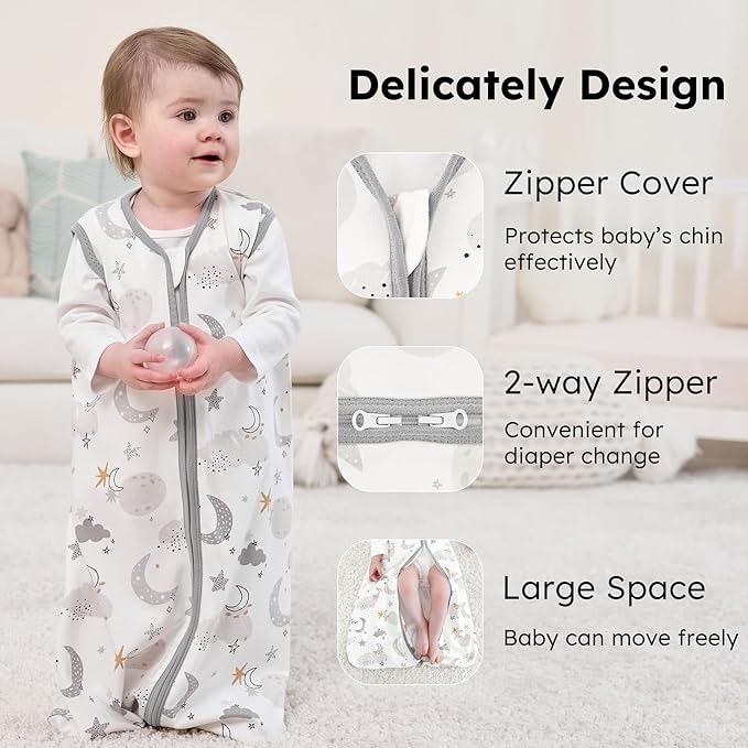 Baby Sleep Sack 18-24 months, 100% Cotton Sleeping Sack for Newborn and Infant, 3 Pack Baby Wearable Blanket for Boy and Girl, 0.5 Tog Lightweight Double Zipper Sleep Bag Grey Moon Bear