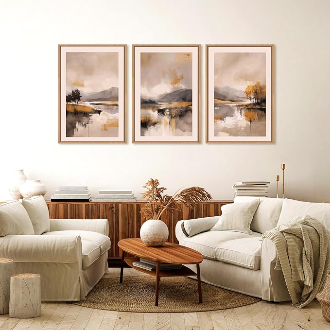 FWIEXA Abstract Neutral Canvas Wall Art Set , Beige Grey Fall Mountain Framed Wall Decor, 3 Panel 16x24 Inches Watercoler Lake Artwork, Brush Stroke Autumn Forest Landscape Prints for Living Room, Office, Bedroom
