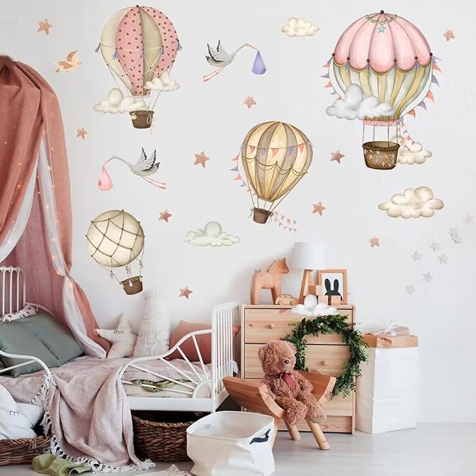 SANDOO Hot Air Balloon Wall Decals Peel and Stick - Neutral Nursery Decals,Stars Clouds Wall Stickers,Watercolor Wall Decal for Nursery Kids Room Playroom Bedroom Classroom Kindergarten Wall Decor