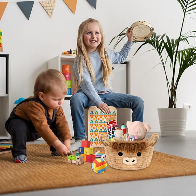 Highland Cute Cow Basket for Nursery, Small Shower Gift Basket, Round Woven Rope Cotton Storage, Baby Blanket 0rganizer with Ears Handles, Blanket Towel Decor Storage Bins, 10.7"D x 4.4"H in