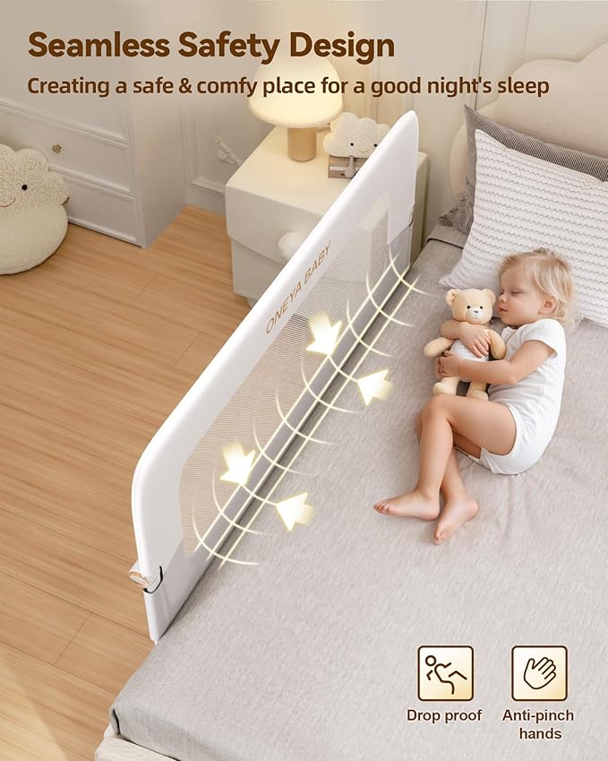 Baby Bed Rail Guard, 59in Thickened Toddler Bed Rail for Toddlers, Extral Tall Swing Down Kids Child Safety Side Railing Guards/Rails for Twin, Full, Queen, King Bunk Size Bed, White/Grey, 27”H