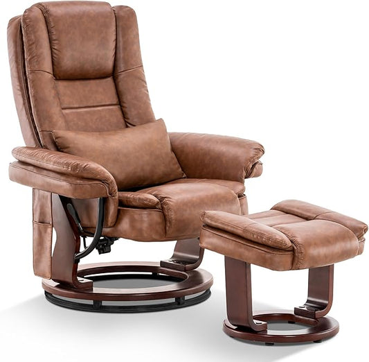 MCombo Swivel Recliner with Ottoman Chair, TV Chair Sets with Vibration Massage, for Small Space Living Room Bedroom 9096 9099 (Faux Leather, Saddle)