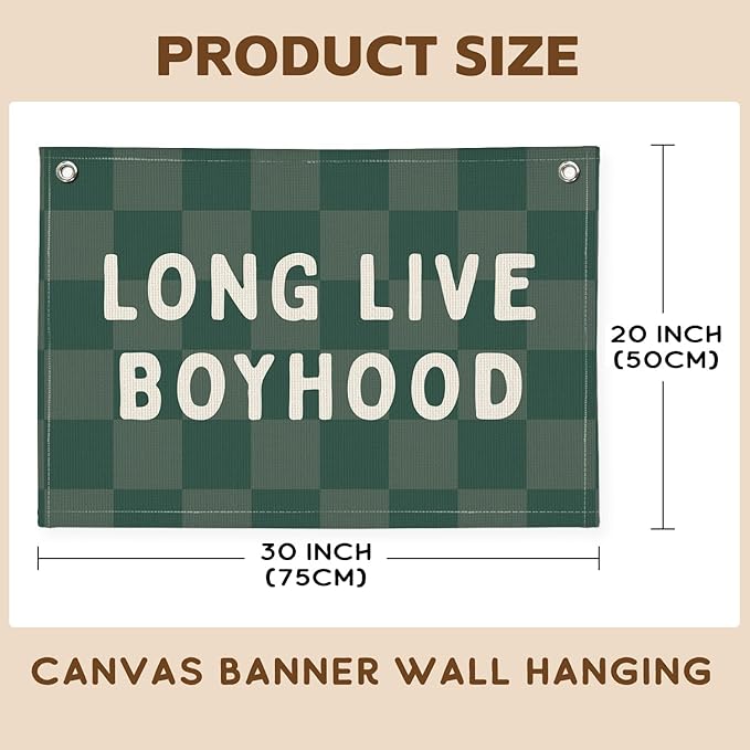 Long Live Boyhood Linen Banner – Boys Room Wall Hanging, Playroom & Nursery Decor, Toddler Room Flag, Aesthetic Boys Bedroom Sign – Forest Green & White