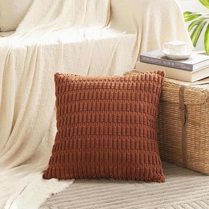 Fancy Homi 2 Packs Rust Decorative Throw Pillow Covers 20x20 Inch for Living Room Couch Bed Sofa, Soft Striped Corduroy Square Cushion Case 50x50 cm, Terracotta Rustic Farmhouse Boho Home Decor