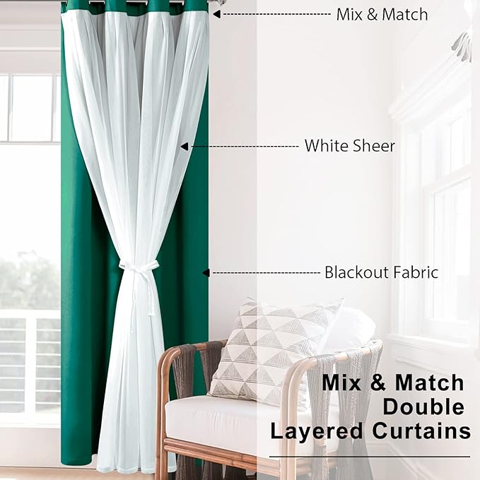 Hiasan Mix & Match Blackout Curtains with Sheer Overlay, Double Layer Sun Blocking Thermal Insulated Grommet Window Curtains for Christmas,Living Room,2 Panels with Tiebacks, Hunter Green, 52W X 108L