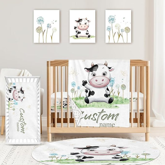 Custom Baby Crib Bedding Set,Personalized Name 4 Piece Nursery Bed Set with Cows Design,Baby Blanket Fitted Sheet Nursery Rug Wall Art Set,Custom Room Decor Idea Gift for Newborns Boys Girls