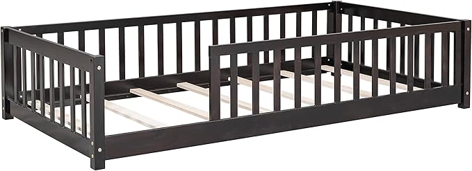 Bellemave Twin Size Kids Montessori Floor Bed,Twin Floor Bed Frame with Slats,Solid Wood Twin Bed Frame for Girls Boys,White