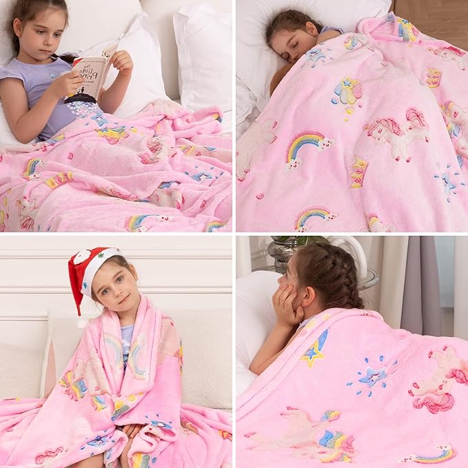 inhand Pink Unicorn Gift for Girl Glow in The Dark Blanket Unicorn Toys Kids Throw Blanket for Couch Soft Fleece Blanket Gift for 4-12 Girls Fuzzy Room Decor Birthday Gifts, 50"X60", Pink