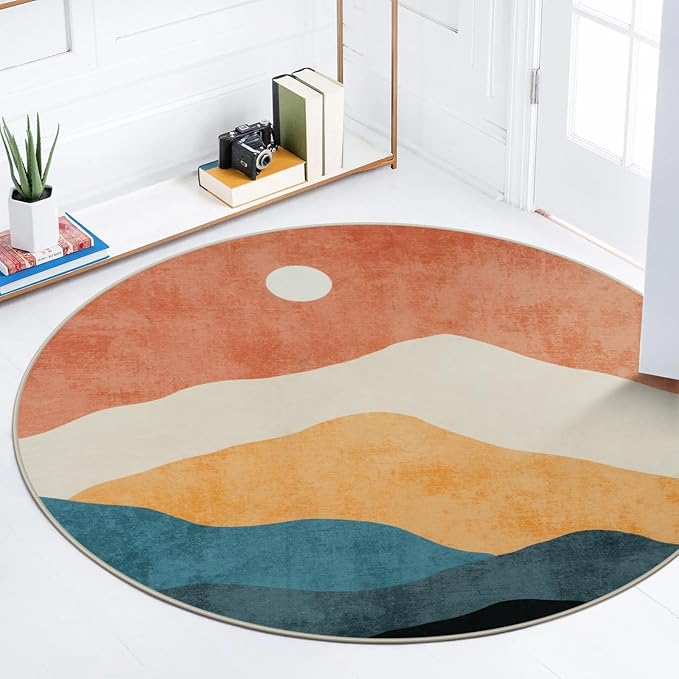 Abstract Round Rug 3ft, Faux Wool Soft Throw Area Rugs, Washable Farmhouse Small Circle Rug, Floor Low Pile Mats for Bedroom Bathroom Laundry Room Nursery Decor