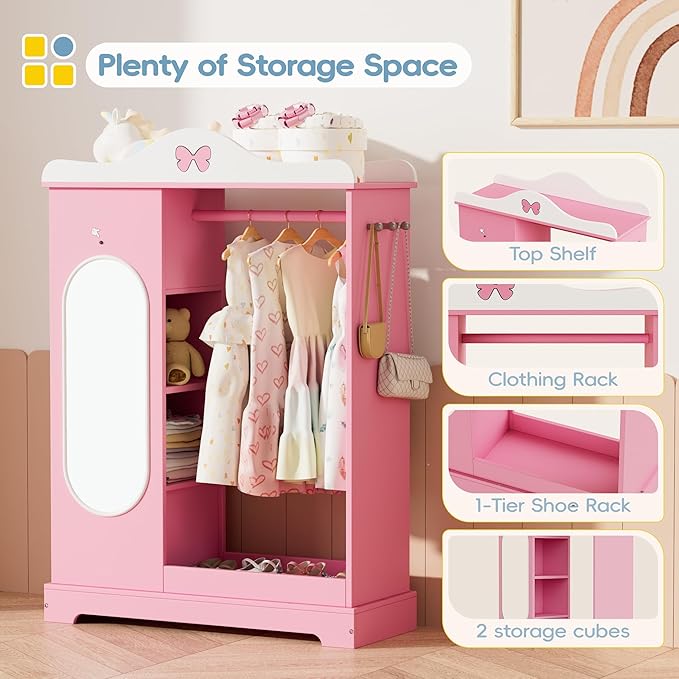 Kids Armoire with Jewelry Cabinet, Kids Dress Up Storage wth Shelves, Girls Wardrode Costume Organizer with Mirror, Children Closet with Armoire for Bedroom, Kid Room, Girls (Pink)