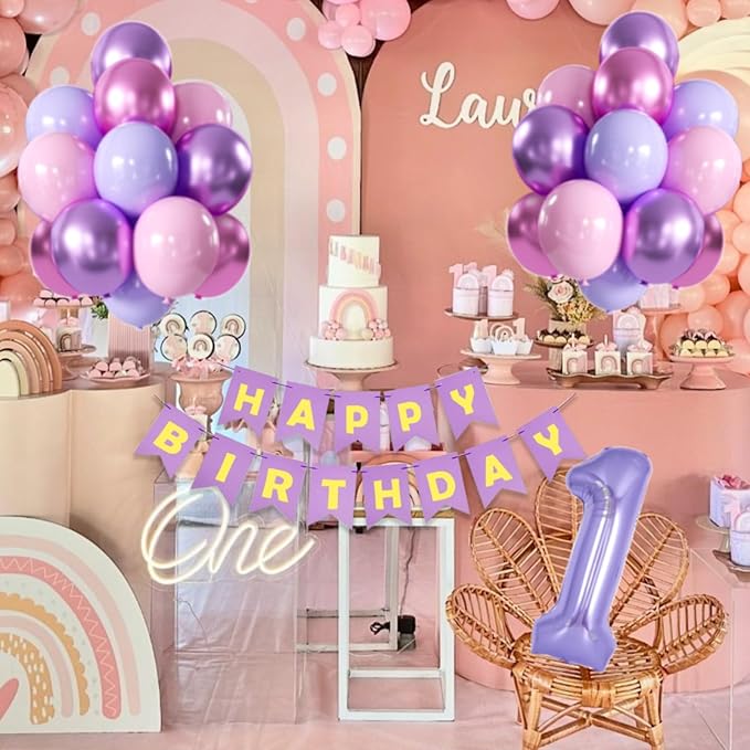 Purple Pink Metallic Balloons & Banner - 40 Inch 1 Balloon, Perfect for Girls' 1st Birthday or Baby Shower Decor