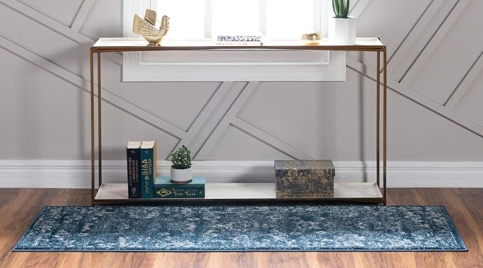 Rugs.com Charleston Collection Rug – 10 Ft Runner Navy Blue Low-Pile Rug Perfect for Hallways, Entryways