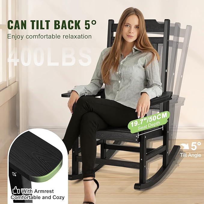 VEVOR 2 Pcs Porch Rocker, HIPS Outdoor Rocking Chair, High Back Patio Rocking Chair with Smooth Armrests, Supports up to 400 lbs, for Garden, Balcony, Porch, Black