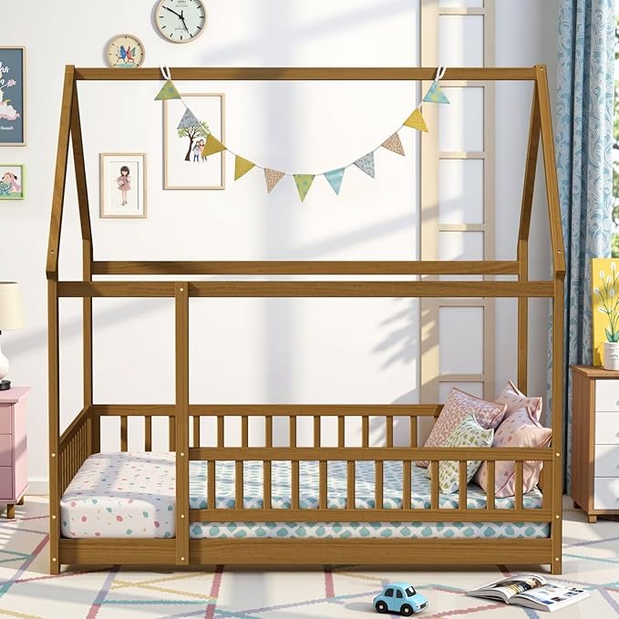 LLS Full Size Montessori Floor Bed Frame with Slats and Fence, Wooden House Bed for Boys Girls Bedroom, Light Espresso