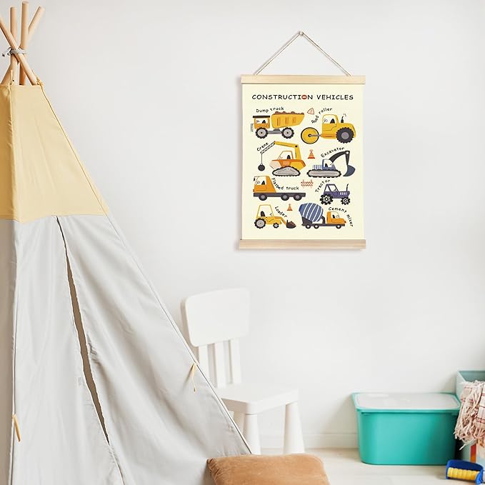 CGBHW Construction Vehicles Nursery Poster Hanger Frame, Kids Educational Learning Trucks Name Posters Wall Art Hanging Decor for Toddler Boy Baby Room Playroom Classroom，12x16Inch