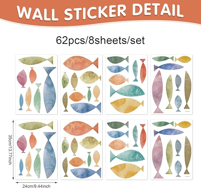 62 Pcs Watercolor Ocean Fish Wall Decals, Peel and Stick Ocean Wall Sticker, Removable Vibrant Sea Life Underwater Theme Wall Decor for Kids Room Nursery Bedroom Playroom Classroom