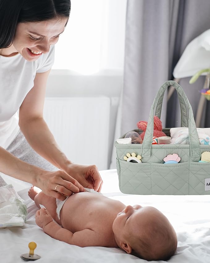 Adonia & Co Diaper Caddy Organizer – Nursery Storage Basket for Newborn Essentials & Baby Must Haves – Portable, Machine Washable Baby Diaper Bag Organizer (Green)