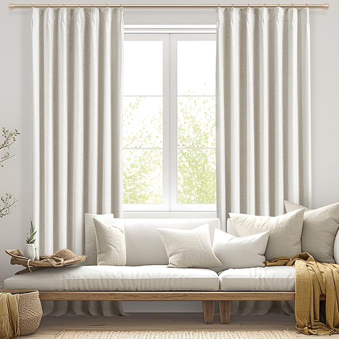 IVAPUPU Natural Linen Blend Pinch Pleated Blackout Curtains for Bedroom - 2 Panels 100% Black Out Curtains 108 Inch Long for Living Room Darkening Thermal Window Curtain Drapes with 16pc Hooks