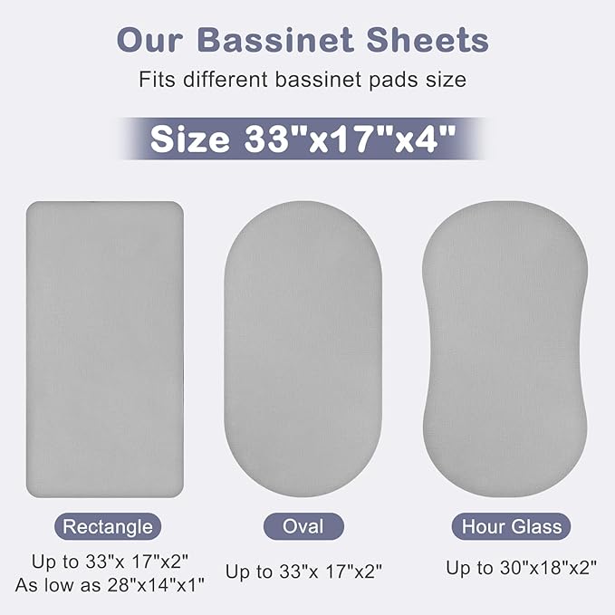 Basumee Muslin Bassinet Sheets for Baby Girl Boy 2 Pack Soft Breathable Baby Bedside Bassinet Fitted Sheets with Bottom Elastic Band 33''x17''x4'' Mattress Cover for Rectangle Oval Hourglass Bassinets