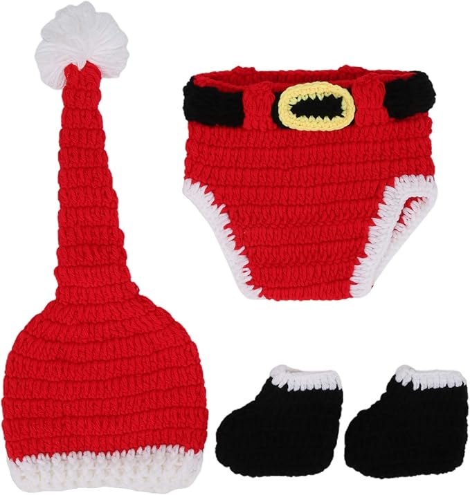 ZJchao Baby Crochet Christmas Clothes, Soft Cotton Newborn Photography Prop Infant Outfit Set with Hat Pants Boots, for Boys 0-3 Months Holiday Photoshoot